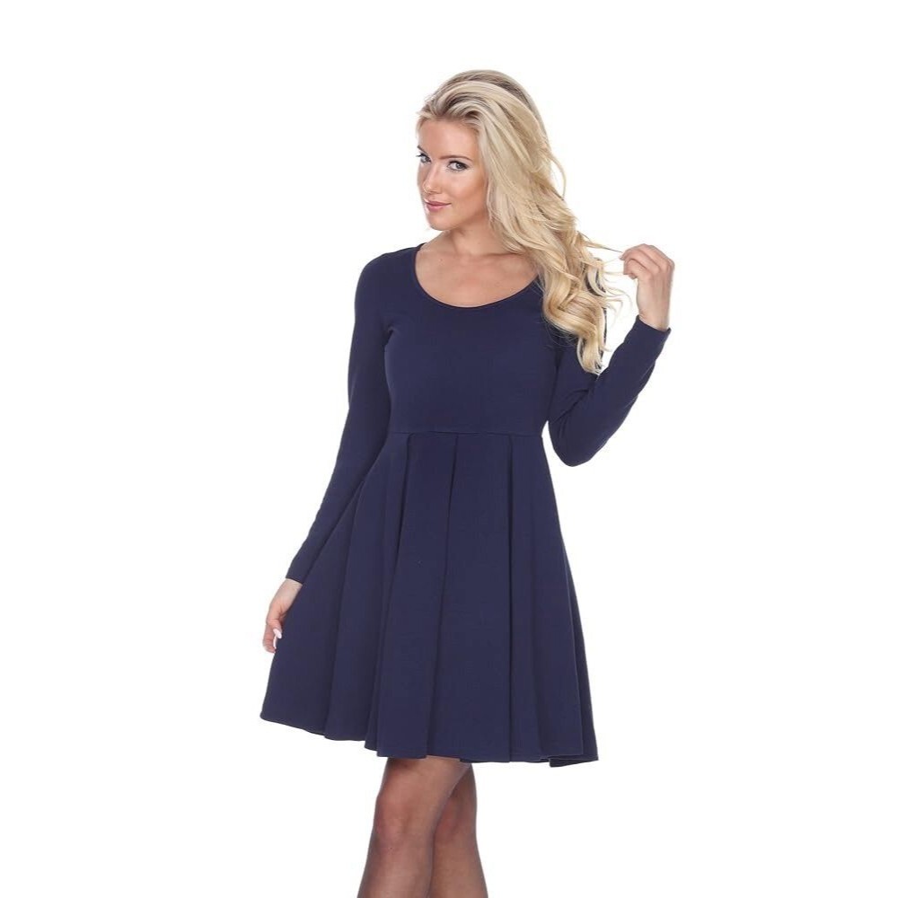 White Mark Jenara Above The Knee Long Sleeve Navy Skater Dress Scoop Neckline